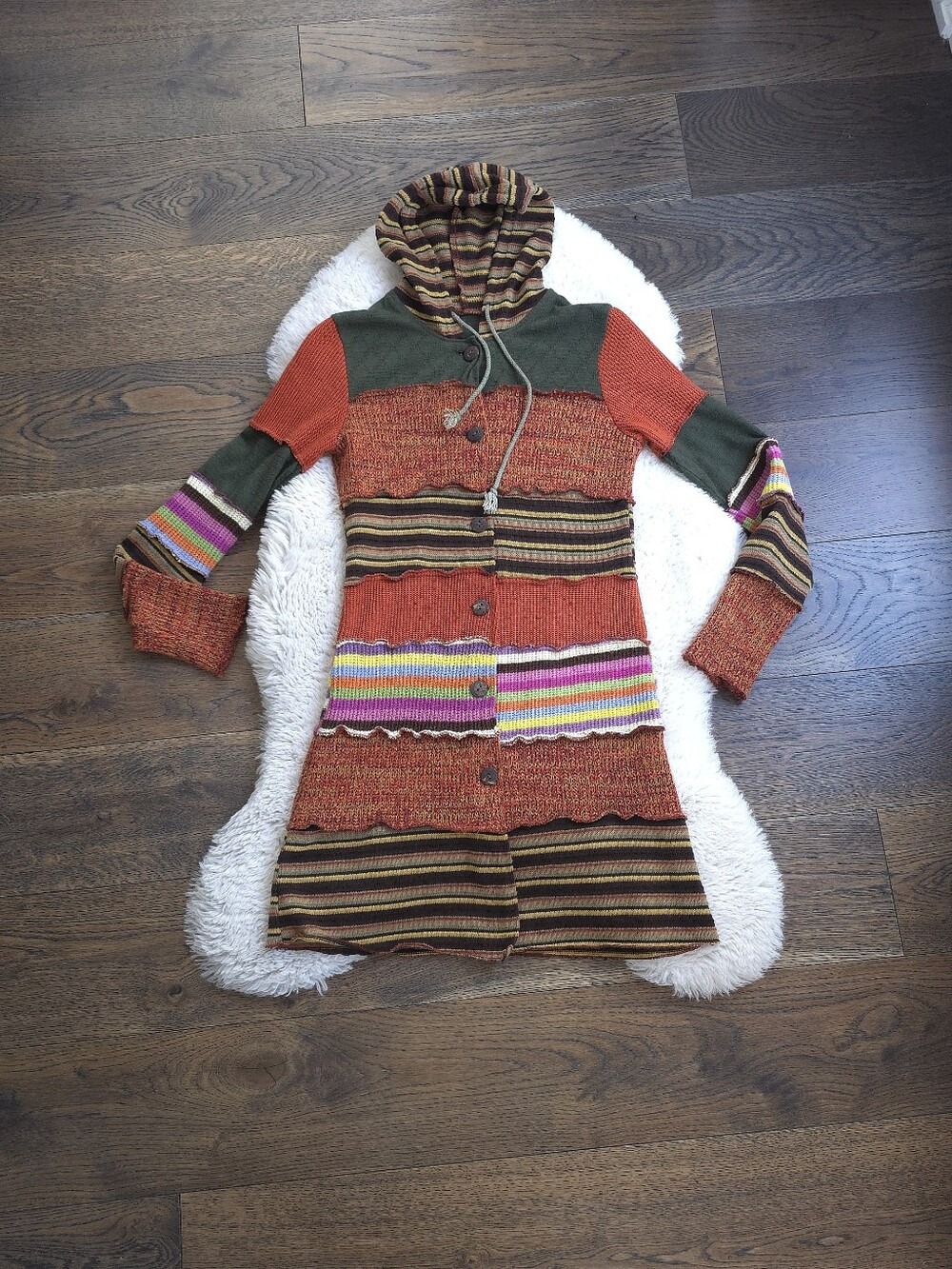 Y2K Patchwork Knit Hooded Fairy Goblin Stripe Cardigan